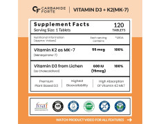 Carbamide Forte Vitamin D3 K2 Supplement | Vitamin K2 MK7 To Support Bone & Heart Health | Veg D3 - Lichen - 120 Tablets