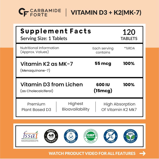 Carbamide Forte Vitamin D3 K2 Supplement | Vitamin K2 MK7 To Support Bone & Heart Health | Veg D3 - Lichen - 120 Tablets