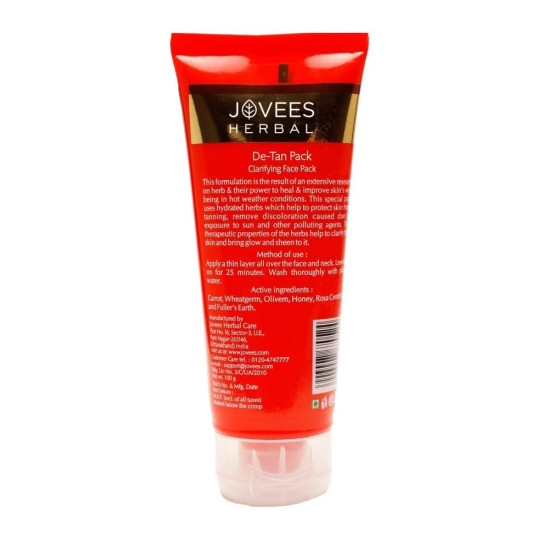 Jovees Herbal De-Tan Face Pack | Contains Wheat Germ and Carrot | For Tan Removal and Skin Revitalization | Bright and Glowing Skin | 100% Herbal | Paraben And Alcohol Free | 100gm