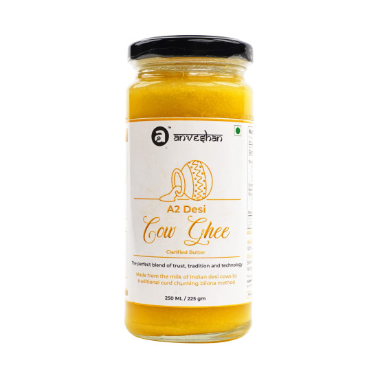 Anveshan Empowering farmers with technology A2 Cow Ghee 250 Ml|Glass Jar|Bilona Method|Curd-Churned |Pure, Natural & Healthy|Lab Tested,