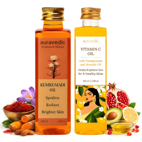 Auravedic Kumkumadi Tailam & Vitamin C Face Oil, Pack of 2 (100ml Each), Glow-Boosting Face & Body Oil With Rosehip For Bright, Radiant Skin, After Bath Daily Use