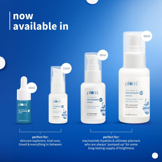 Plum 10% Niacinamide Serum with Rice Water | Provides Clear, Glowing & Brightening Skin | for Acne Prone, Combination, Oily & Sensitive Skin | Oil Control & Anti Acne Face Serum for Women & Men | 15ml