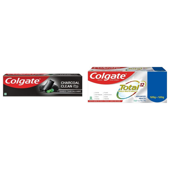 Colgate Charcoal Clean Toothpaste, Bamboo Charcoal and Mint (Black Gel) – 120g and Colgate Total Whole Mouth Health, Antibacterial Toothpaste, 120gm + 120gm (Advanced Health, Saver Pack)