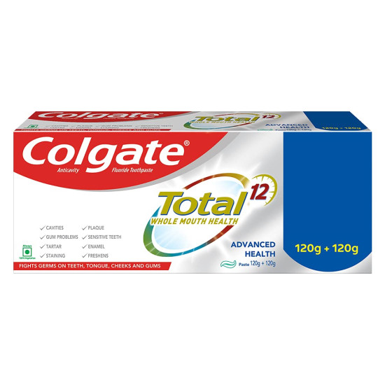 Colgate Charcoal Clean Toothpaste, Bamboo Charcoal and Mint (Black Gel) – 120g and Colgate Total Whole Mouth Health, Antibacterial Toothpaste, 120gm + 120gm (Advanced Health, Saver Pack)