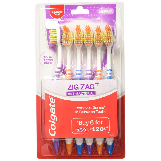 Colgate Total Whole Mouth Health, Antibacterial Toothpaste, 120gm + 120gm (Advanced Health, Saver Pack) and Colgate ZigZag Anti-Bacterial Toothbrush - Medium (Pack of 6)