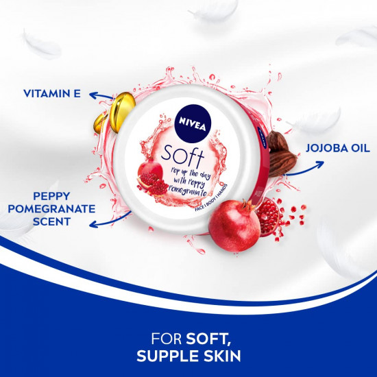 NIVEA Soft Light Moisturizer 200ml | Peppy Pomegranate | For Face, Hand & Body, Instant Hydration | Non-Greasy Cream | With Vitamin E & Jojoba Oil | All Skin Types