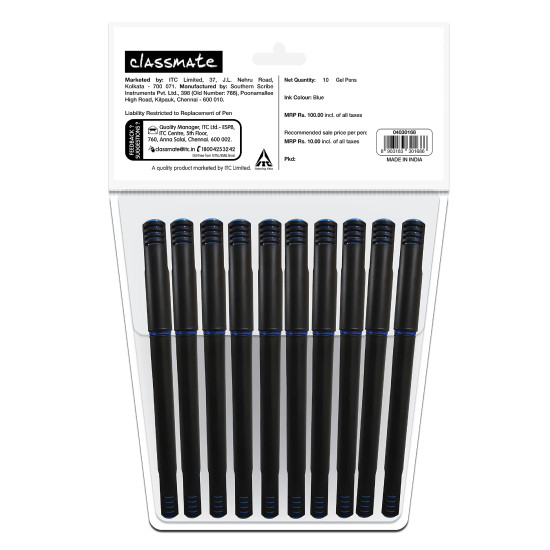 Classmate Octane- Blue Gel Pens (Pack of 10)|Smooth Writing Pens|Water-Proof Ink for Smudge-Free writing|Preferred by Students for Exam & Class Notes|Study at Home Essentials
