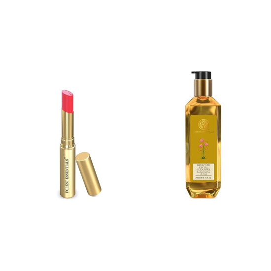 Forest Essentials Tinted Lip Serum Madhu Rasa Gulaab Jal 2.2g, Pink & Forest Essentials Kashmiri Saffron and Neem Delicate Facial Cleanser, 200ml