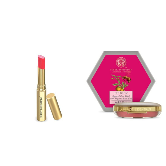 Forest Essentials Tinted Lip Serum Madhu Rasa Gulaab Jal 2.2g, Pink & Forest Essentials Luscious Sugared Rose Petal Lip Balm, 4g