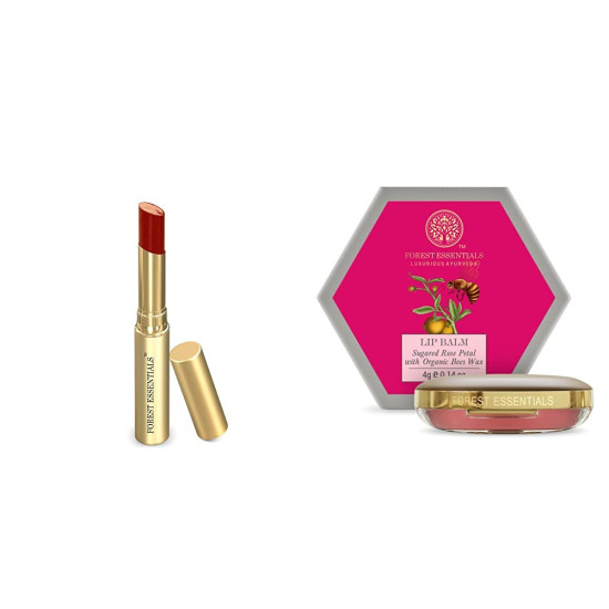 Forest Essentials Tinted Lip Serum Madhu Rasa Anar Rasa 2.2 g, Maroon (brownish crimson) & Forest Essentials Luscious Sugared Rose Petal Lip Balm, 4g