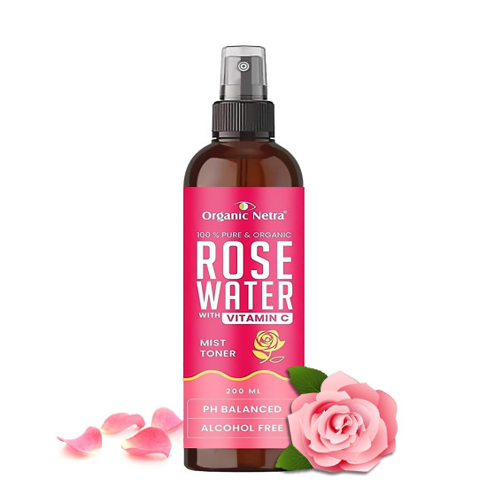 Organic Netra Rose Water with Vitamin C | Exfoliates the Skin and Controls Oil | Excellent for Clearing Away Makeup & Dirt from Pores| Mist Spray for All Skin Type | Paraben and Alcohol Free -200ml