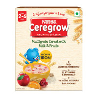 NESTLE CEREGROW Kids Cereal-Multigrain,Milk &Fruits|Rich in Iron, Calcium & Protein|Nutrient-Rich Tasty Breakfast |NO Added Colors or Flavors|16 Nutrients for Growth |300g
