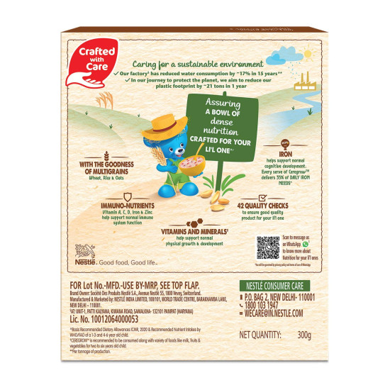 NESTLE CEREGROW Kids Cereal-Multigrain,Milk &Fruits|Rich in Iron, Calcium & Protein|Nutrient-Rich Tasty Breakfast |NO Added Colors or Flavors|16 Nutrients for Growth |300g