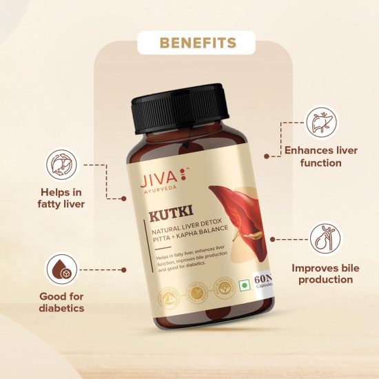 Jiva Ayurveda Kutki Capsule 60 Capsules | Ayurvedic Liver Detox Supplement for Liver Cleanse | Ayurvedic Support for Fatty Liver, Body Purification, Immunity Booster | Made by Kutki Powder for Liver - (Pack of 1)