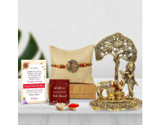 eCraftIndia Designer Peacock Rakhi, Lord Krishna Idol Playing Flute Under Tree with Cow and Calf Showpiece, Roli Chawal Pack, Raksha Bandhan Greeting Card - Rakhi Gift Hamper for Brother, Bhaiya, Bhai
