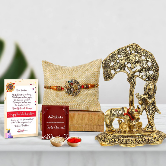 eCraftIndia Designer Peacock Rakhi, Lord Krishna Idol Playing Flute Under Tree with Cow and Calf Showpiece, Roli Chawal Pack, Raksha Bandhan Greeting Card - Rakhi Gift Hamper for Brother, Bhaiya, Bhai