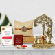 eCraftIndia Designer Peacock Rakhi, Lord Krishna Idol Playing Flute Under Tree with Cow and Calf Showpiece, Roli Chawal Pack, Raksha Bandhan Greeting Card - Rakhi Gift Hamper for Brother, Bhaiya, Bhai