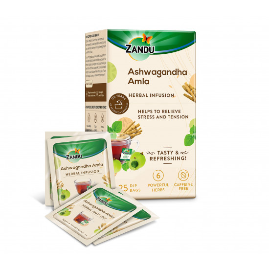 Zandu Ashwagandha Amla Ayurvedic Infusion, a Herbal Tea Enriched with 6 Ayurvedic Ingredients (25 Tea Bags)