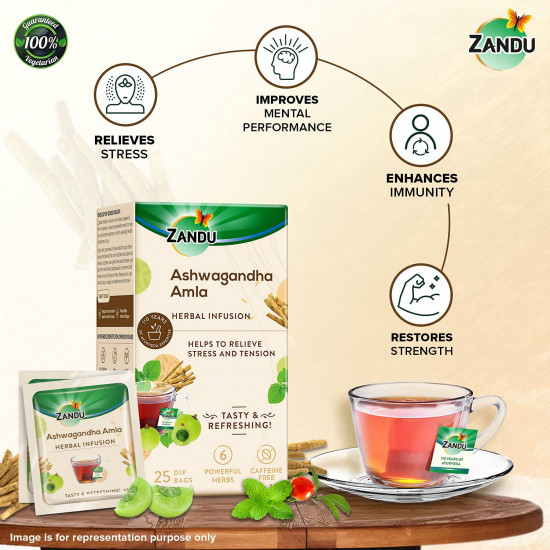 Zandu Ashwagandha Amla Ayurvedic Infusion, a Herbal Tea Enriched with 6 Ayurvedic Ingredients (25 Tea Bags)