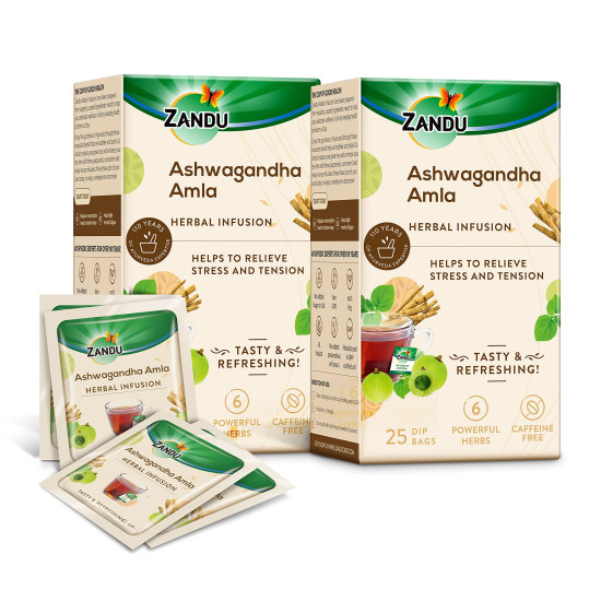 Zandu Ashwagandha Amla Ayurvedic Infusion, A Herbal Tea Enriched With 6 Ayurvedic Ingredients (Pack Of 25 Tea Bags X 2) - 0.19 Kg