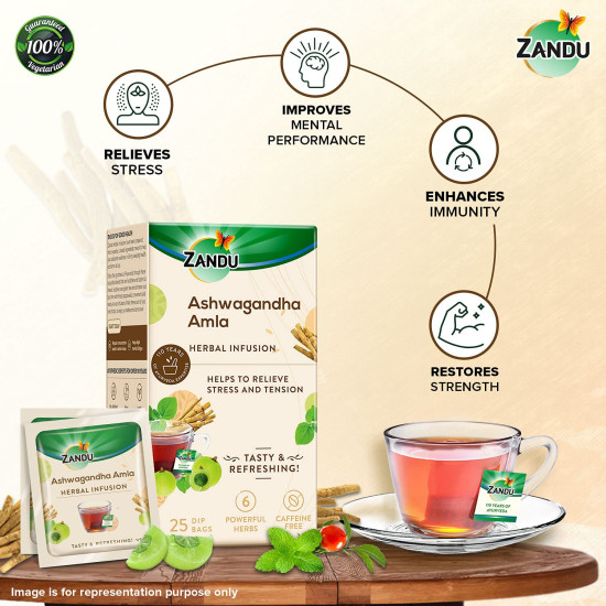 Zandu Ashwagandha Amla Ayurvedic Infusion, A Herbal Tea Enriched With 6 Ayurvedic Ingredients (Pack Of 25 Tea Bags X 2) - 0.19 Kg