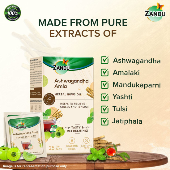 Zandu Ashwagandha Amla Ayurvedic Infusion, A Herbal Tea Enriched With 6 Ayurvedic Ingredients (Pack Of 25 Tea Bags X 2) - 0.19 Kg