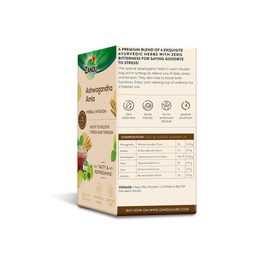 Zandu Ashwagandha Amla Ayurvedic Infusion, A Herbal Tea Enriched With 6 Ayurvedic Ingredients (Pack Of 25 Tea Bags X 2) - 0.19 Kg