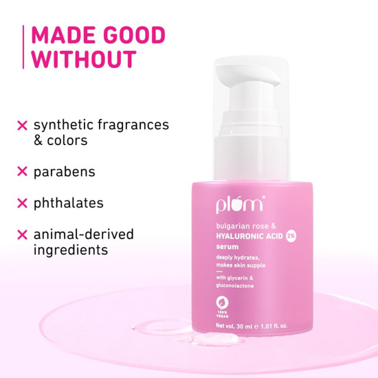 Plum 2% Hyaluronic Acid Serum with Bulgarian Rose (30 ml) | Instant Hydration for Plump & Bouncy Skin | Daily Use Face Serum| For All Skin Types | Fragrance-Free