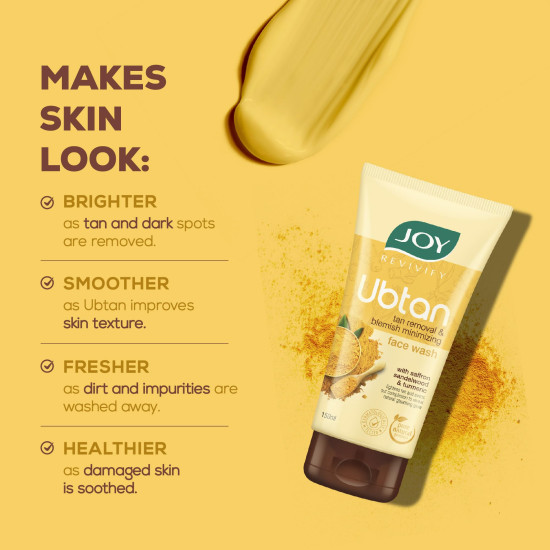 Joy Ubtan Tan Removal Face Wash 150ml x 2 | Detans, Removes Dirt & Blemishes for a Natural Glowing Skin | Enriched With Turmeric, Saffron & Sandalwood | Suitable for All Skin Types
