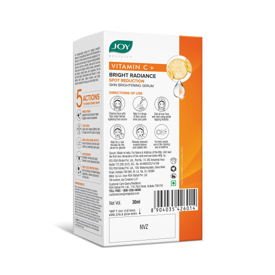 Joy Bright Radiance Vitamin C Face Serum for Skin Brightening | 5 Action Formula - Brightens, Tightens, Nourishes, Reduces Dark Spots & Skin Irritation | Suitable For All Skin Types (30ml)
