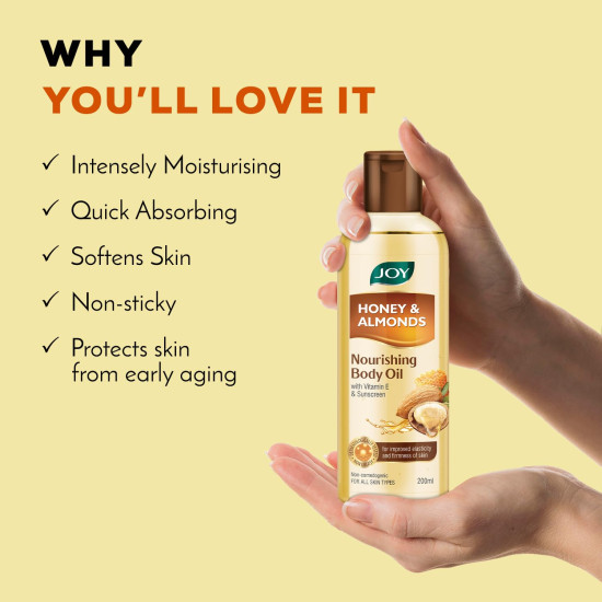 Joy Honey & Almonds Body Oil for Women & Men | Nourishing Body Oil with Vitamin E & Sunscreen for All Skin Types | Daily Use Body Massage Oil After Bath for Moisturizing Dry Skin | Pack of 2-400ml