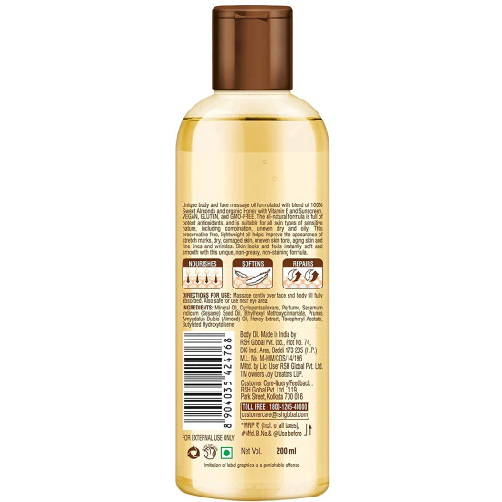 Joy Honey & Almonds Body Oil for Women & Men | Nourishing Body Oil with Vitamin E & Sunscreen for All Skin Types | Daily Use Body Massage Oil After Bath for Moisturizing Dry Skin | Pack of 2-400ml
