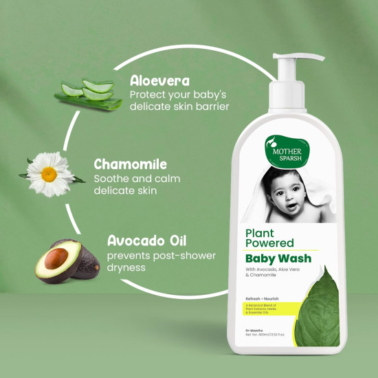 Mother Sparsh Plant Powered Baby Wash | Advanced Natural Body Wash for Babies WIth Avacado Oil, Aloevera & Chamomile- 400ml