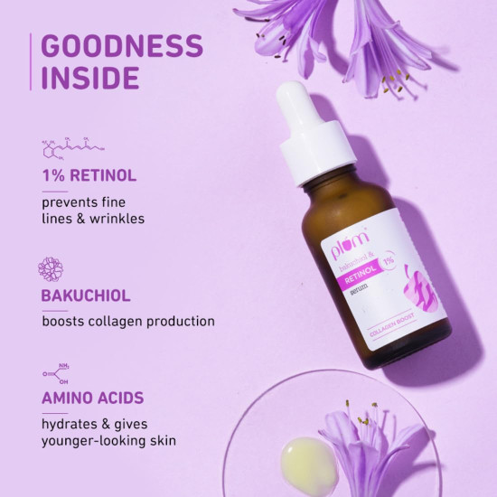 Plum 1% Retinol Advanced Anti Aging Night Face Serum with Bakuchiol | Boosts Collagen, Reduces Fine Lines & Wrinkles | Retinol Serum for Face | for Women & Men | Suits All Skin Types | 20ml