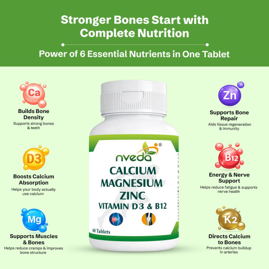 Nveda Calcium 1000mg with Vitamin D3, Magnesium, Zinc, Vitamin K2 & B12 | Bone Strength, Joint Support & Immunity Booster for Men & Women | 60 Vegetarian Tablets