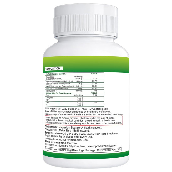 Nveda Calcium 1000mg with Vitamin D3, K2, Magnesium, Zinc & B12 | Strong Bones & Joint Health Supplement for Men & Women | 120 Veg Tablets (Pack of 2)