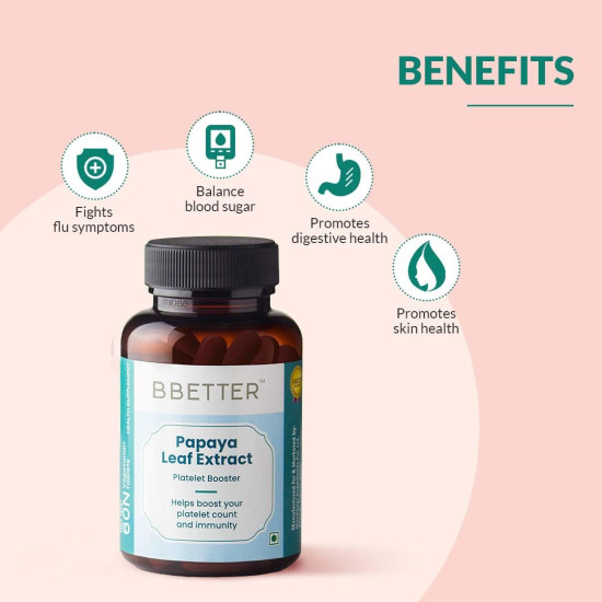 BBETTER Papaya Leaf For Boosting Platelet Count | Papaya Leaf Extract Enriched With Tinospora Cardifolia Extract, Vitamin E Powder And Iron To Help Boost Platelet Count (60 Veg Tablets)