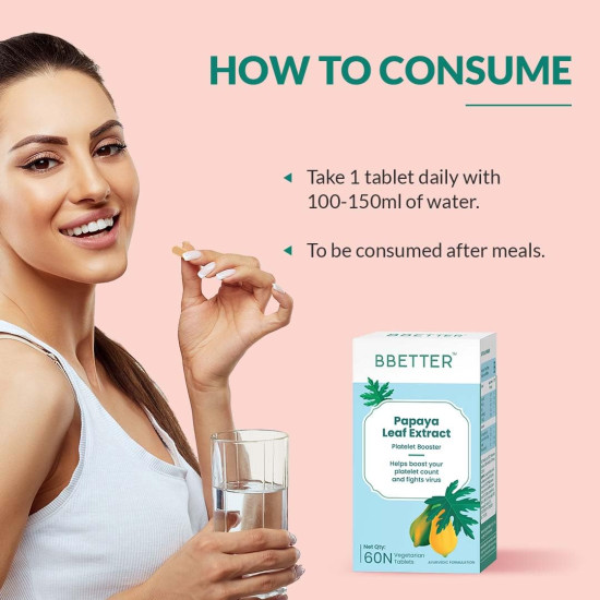 BBETTER Papaya Leaf For Boosting Platelet Count | Papaya Leaf Extract Enriched With Tinospora Cardifolia Extract, Vitamin E Powder And Iron To Help Boost Platelet Count (60 Veg Tablets)