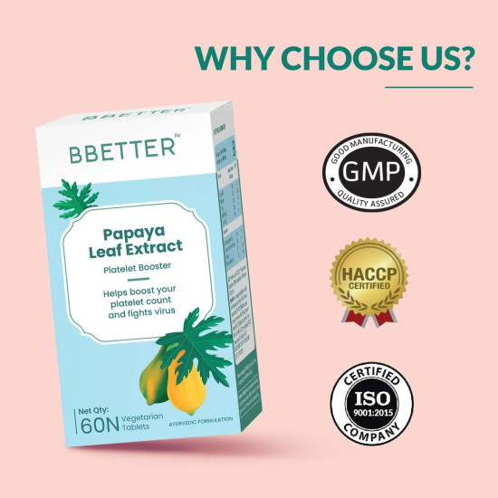 BBETTER Papaya Leaf For Boosting Platelet Count | Papaya Leaf Extract Enriched With Tinospora Cardifolia Extract, Vitamin E Powder And Iron To Help Boost Platelet Count (60 Veg Tablets)