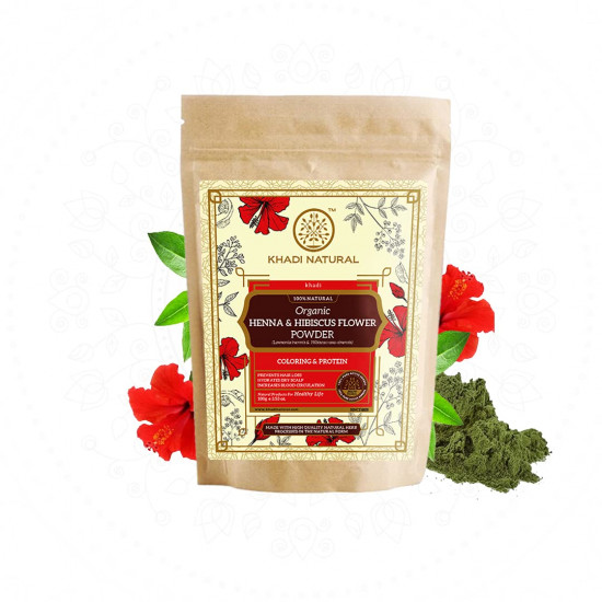 Khadi Natural Henna & Hibiscus Flower Organic Powder|Prevents hair loss| Promotes hair growth| Heals & Hydrates Scalp| Suitable for all hair types| 100gm