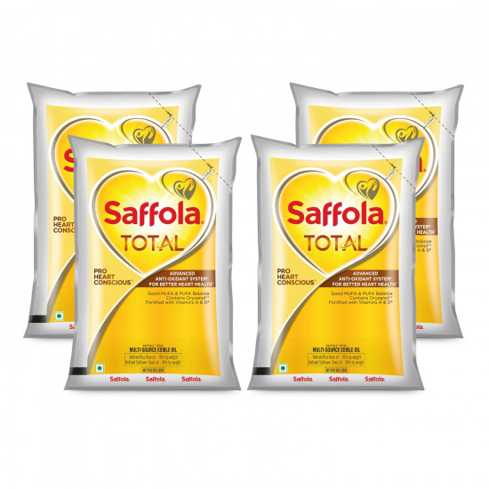 Saffola Total Refined Oil|Blend of Rice Bran Oil & Safflower Oil|Cooking Oil|Cholesterol Lowering Oil|Edible Oil 4x1L PCH