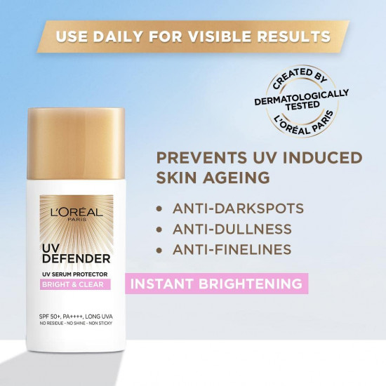 L’Oréal Paris Sunscreen, Non-Greasy, Brightening Sunscreen With Niacinamide, UVA & UVB Protection, With SPF 50 PA+++, Bright & Clear, UV Defender Serum Protector, 50 ml