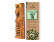 Nat Habit Kacchi Neem Wooden Comb, Soaked In 17 Herbs Neem & Sesame Oil For Multi-Actions - Detangling, Frizz Control & Shine,Suited For All Hair Types (Dual Tooth)