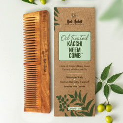 Nat Habit Kacchi Neem Wooden Comb, Soaked In 17 Herbs Neem & Sesame Oil For Multi-Actions - Detangling, Frizz Control & Shine,Suited For All Hair Types (Dual Tooth)
