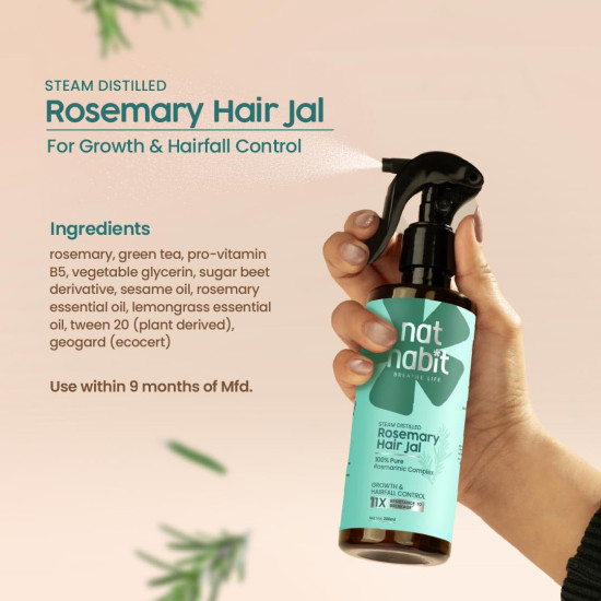 Nat Habit Rosemary Hair Jal – Conditioning Spray with With Pure Rosmarinic Complex for Hair Fall Control, DHT Support & Stronger Hair, Non-Greasy Leave-In 200ml