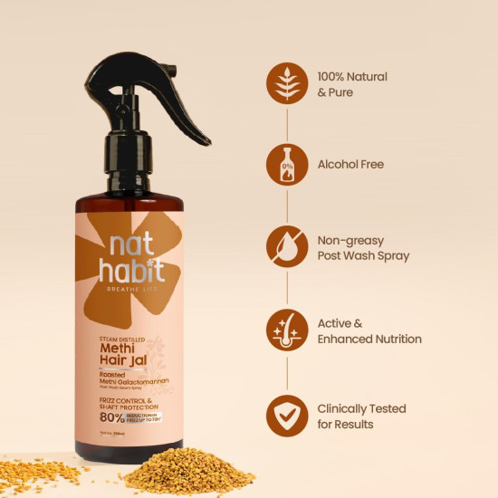 Nat Habit Methi Hair Jal Post-Wash Serum Spray for 80% Frizz Reduction up to 72H, Hair Protection & Smoothening with Roasted Methi, Mulethi & Pro-Vitamin B5 | 200ml