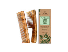 Nat Habit Kacchi Neem Wooden Comb, Soaked In 13 Herbs Neem & Sesame Oil For Multi-Actions - Detangling, Frizz Control & Shine (Dual Tooth & Wide Tooth) Combo Pack of 2