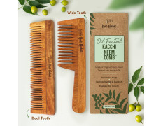 Nat Habit Kacchi Neem Wooden Comb, Soaked In 13 Herbs Neem & Sesame Oil For Multi-Actions - Detangling, Frizz Control & Shine (Dual Tooth & Wide Tooth) Combo Pack of 2