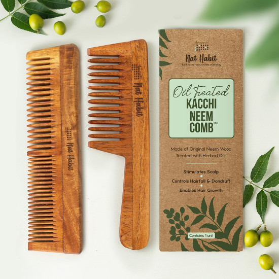 Nat Habit Kacchi Neem Wooden Comb, Soaked In 13 Herbs Neem & Sesame Oil For Multi-Actions - Detangling, Frizz Control & Shine (Dual Tooth & Wide Tooth) Combo Pack of 2 Nat Habit Kacchi Neem Wooden Comb, Soaked In 13 Herbs Neem & Sesame Oil For Multi-Actions - Detangling, Frizz Control & Shine (Dual Tooth & Wide Tooth) Combo Pack of 2