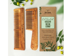 Nat Habit Kacchi Neem Wooden Comb, Soaked In 13 Herbs Neem, Seasame Oil For Multi-Actions Detangling, Frizz Control & Shine (Dual Tooth & Fine Tooth) Combo Pack of 2